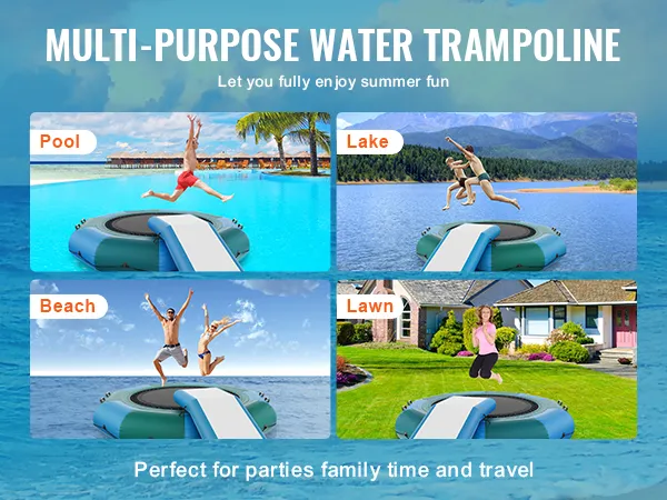 VEVOR watertrampoline voor zwembad, meer, strand en gazon; perfect voor zomerfeestjes en familieplezier.