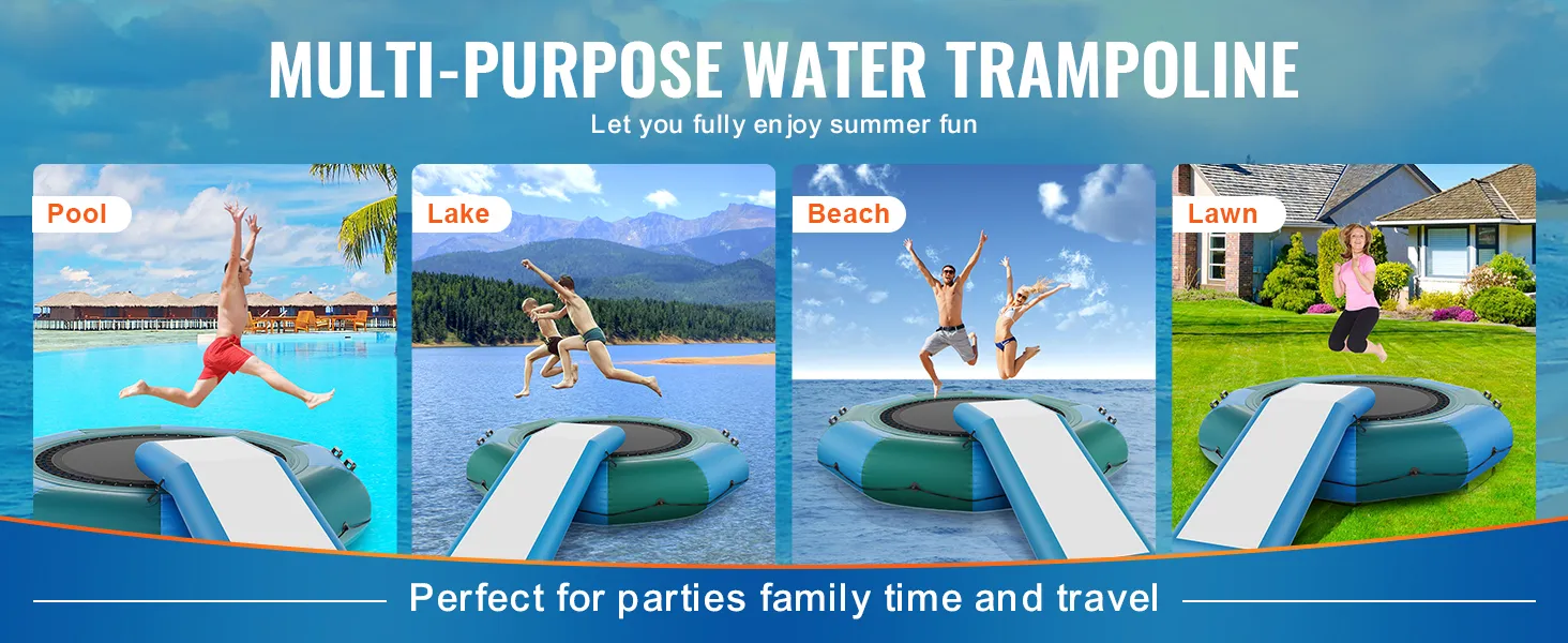 VEVOR watertrampoline voor zwembad, meer, strand en gazon; perfect voor zomerfeestjes en familieplezier.