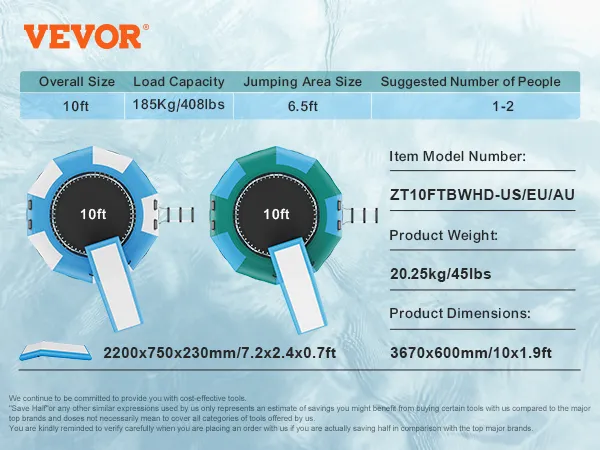 VEVOR opblaasbare watertrampoline, 3 meter groot, draagvermogen van 184 kilo, springoppervlak van 2 meter.