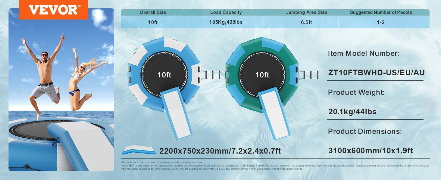 VEVOR opblaasbare watertrampoline, 3 meter groot, draagvermogen van 184 kilo, springoppervlak van 2 meter.