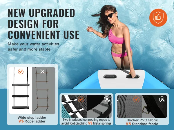 Vernieuwd VEVOR opblaasbaar watertrampoline-ontwerp met brede trapladder, verweven touwen en dikker pvc-doek.