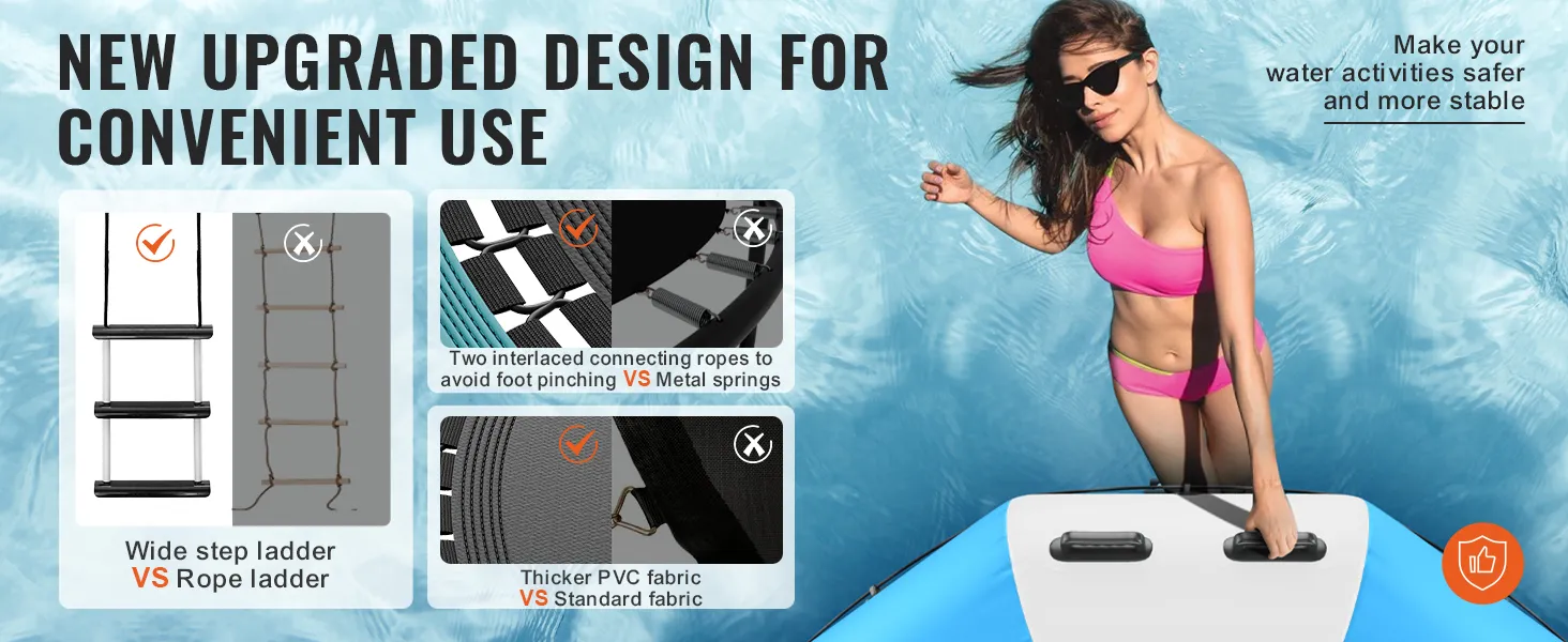 Vernieuwd VEVOR opblaasbaar watertrampoline-ontwerp met brede trapladder, verweven touwen en dikker pvc-doek.