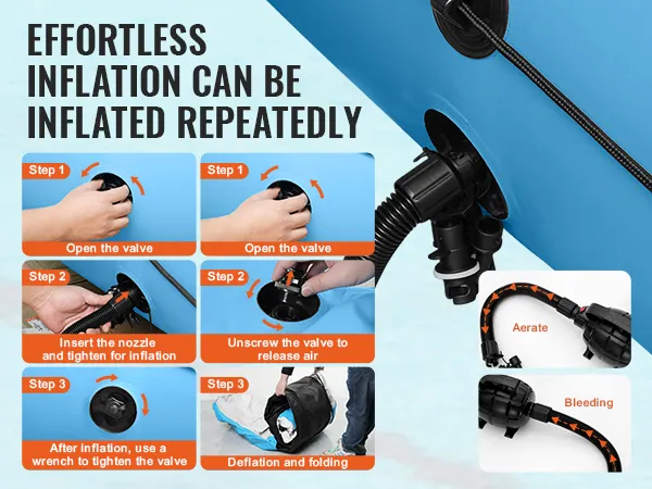 Opblaastrappen voor de VEVOR opblaasbare watertrampoline met ventiel en slangaansluitingen.