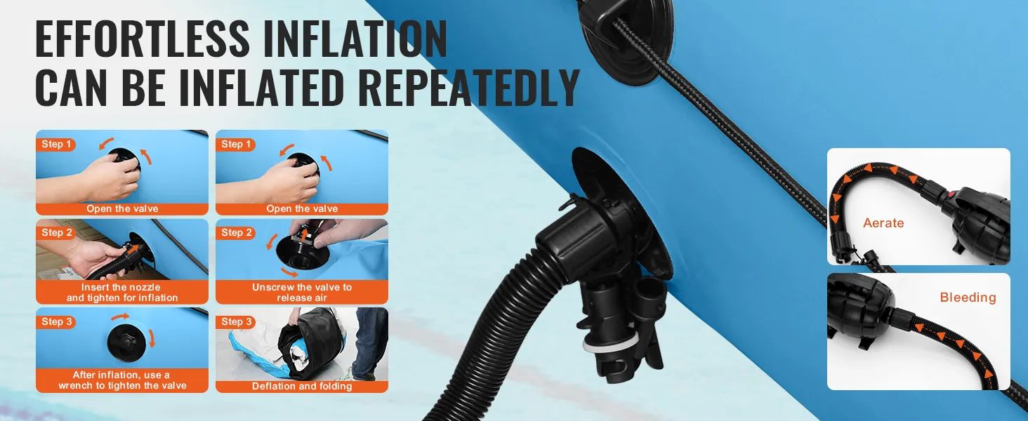 Opblaastrappen voor de VEVOR opblaasbare watertrampoline met ventiel en slangaansluitingen.