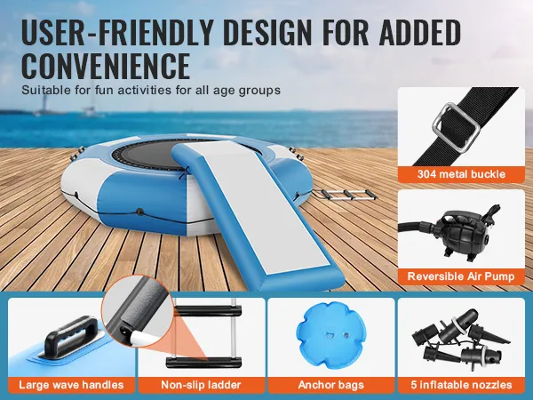 Opblaasbare watertrampoline van VEVOR met luchtpomp, golfgrepen, antislipladder en bevestigingsstukken op de steiger.