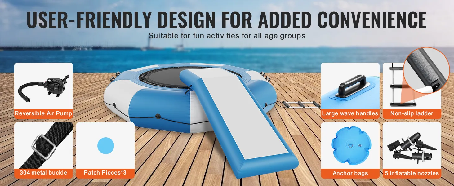 Opblaasbare watertrampoline van VEVOR met luchtpomp, golfgrepen, antislipladder en bevestigingsstukken op de steiger.