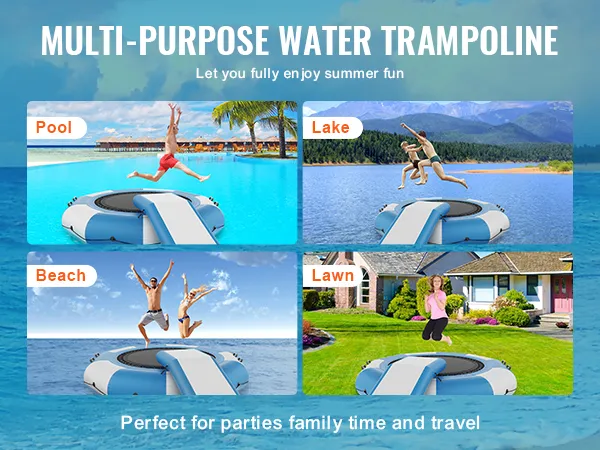 Multifunctionele VEVOR opblaasbare watertrampoline voor zwembad, meer, strand en gazonactiviteiten.