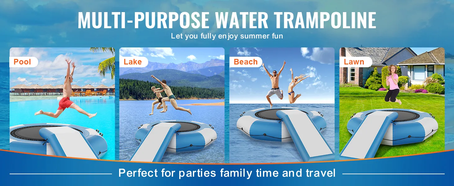 Multifunctionele VEVOR opblaasbare watertrampoline voor zwembad, meer, strand en gazonactiviteiten.