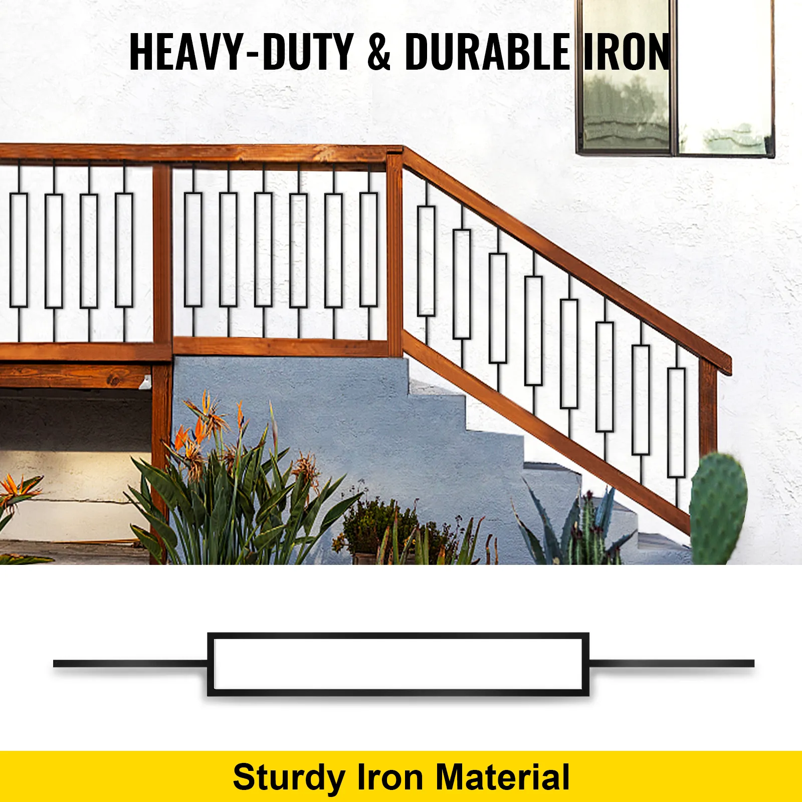 heavy-duty iron VEVOR deck balusters installed on a wooden staircase railing.