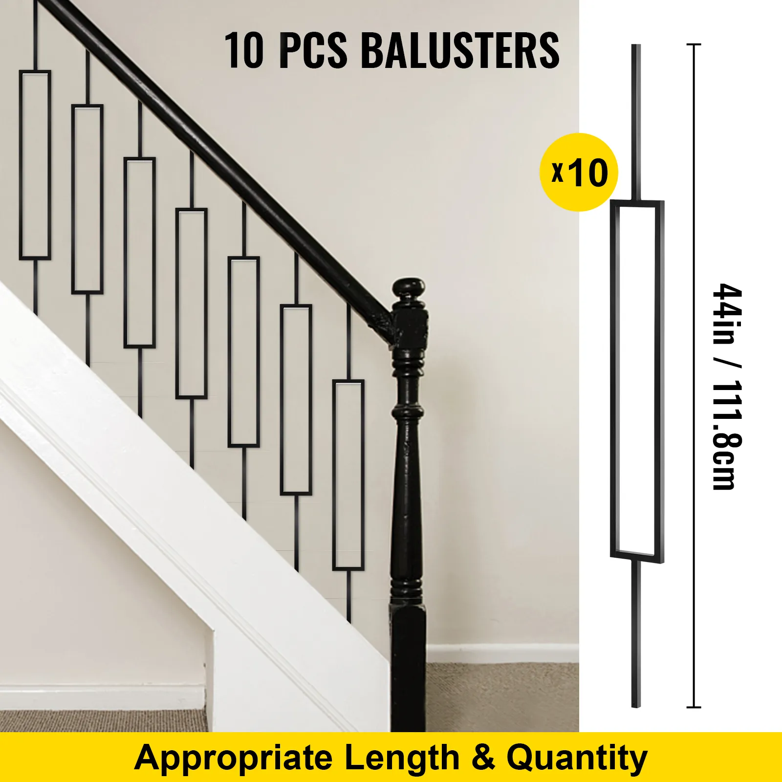 10 pcs VEVOR deck balusters, black, 44in/111.8cm, installed on staircase railing.