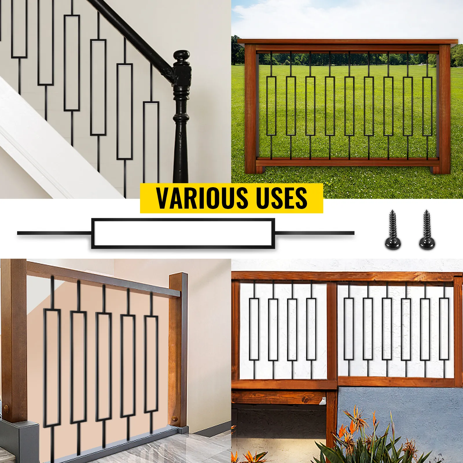 VEVOR deck balusters showcased in various installations and settings.