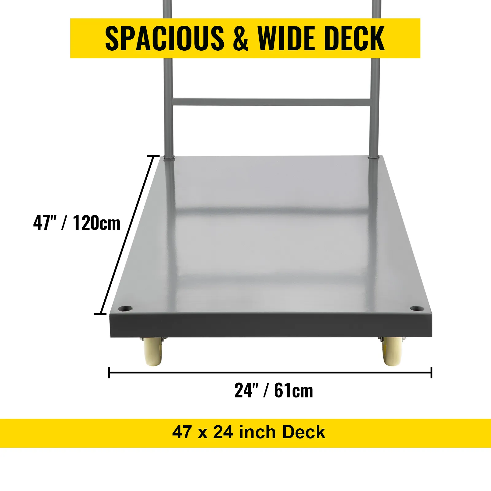 VEVOR platform truck with a spacious 47 x 24 inch deck, highlighted by yellow text banner.