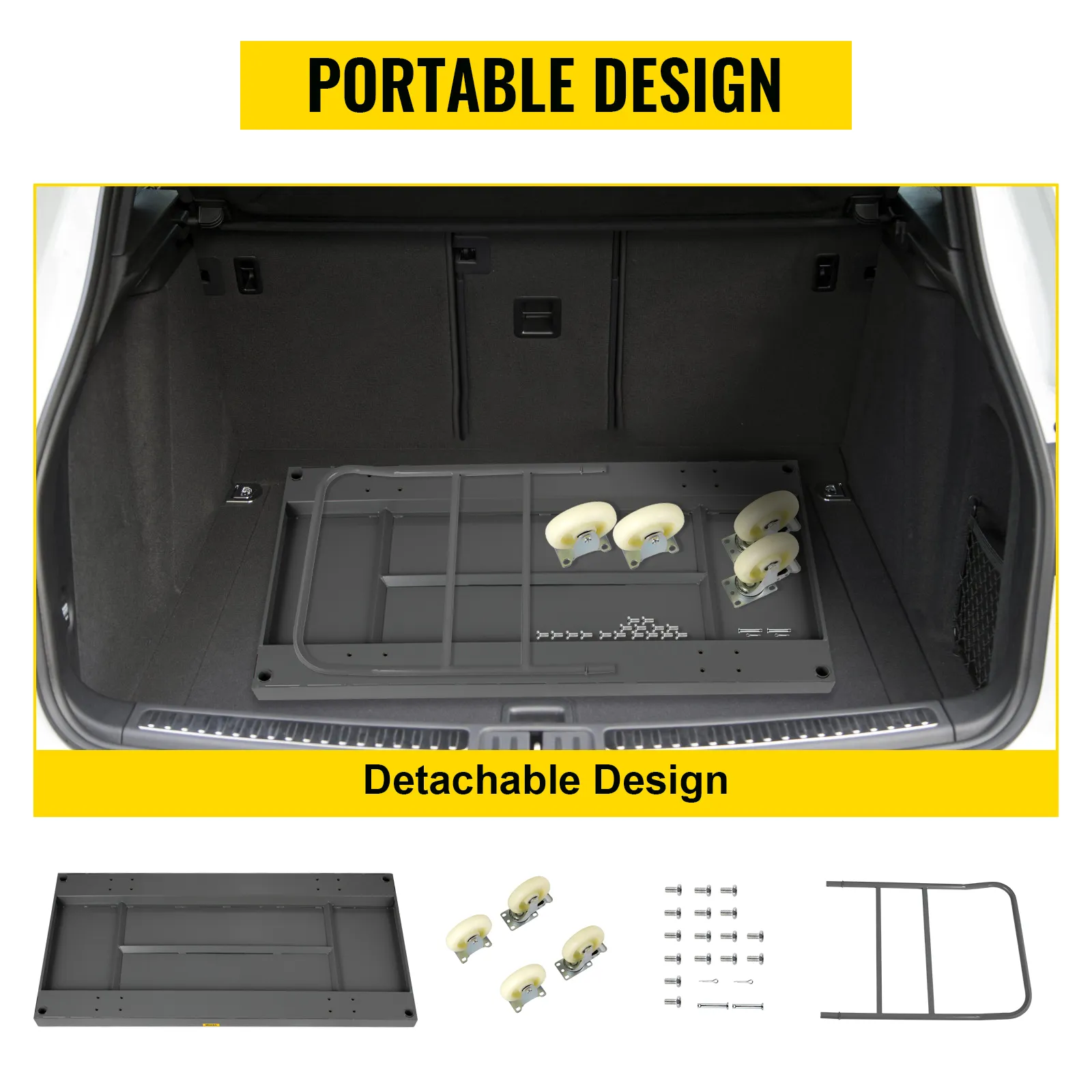 VEVOR platform truck showcasing portable and detachable design components in a car's trunk.