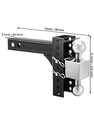 VEVOR adjustable trailer hitch with dual ball mounts, showing dimensions of 15"/381mm, 2.5"/63.5mm, and 9.5"/225.5mm.