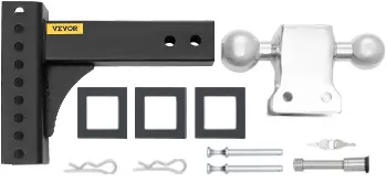 VEVOR adjustable trailer hitch with dual balls, pins, and hardware components.