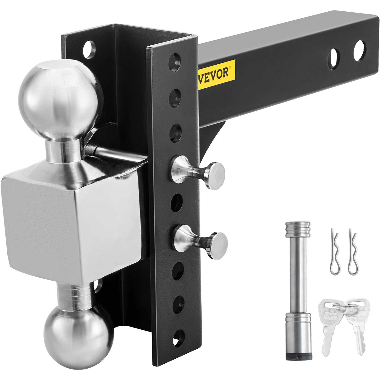VEVOR adjustable trailer hitch with dual ball mount, pins, securing locks, and keys.