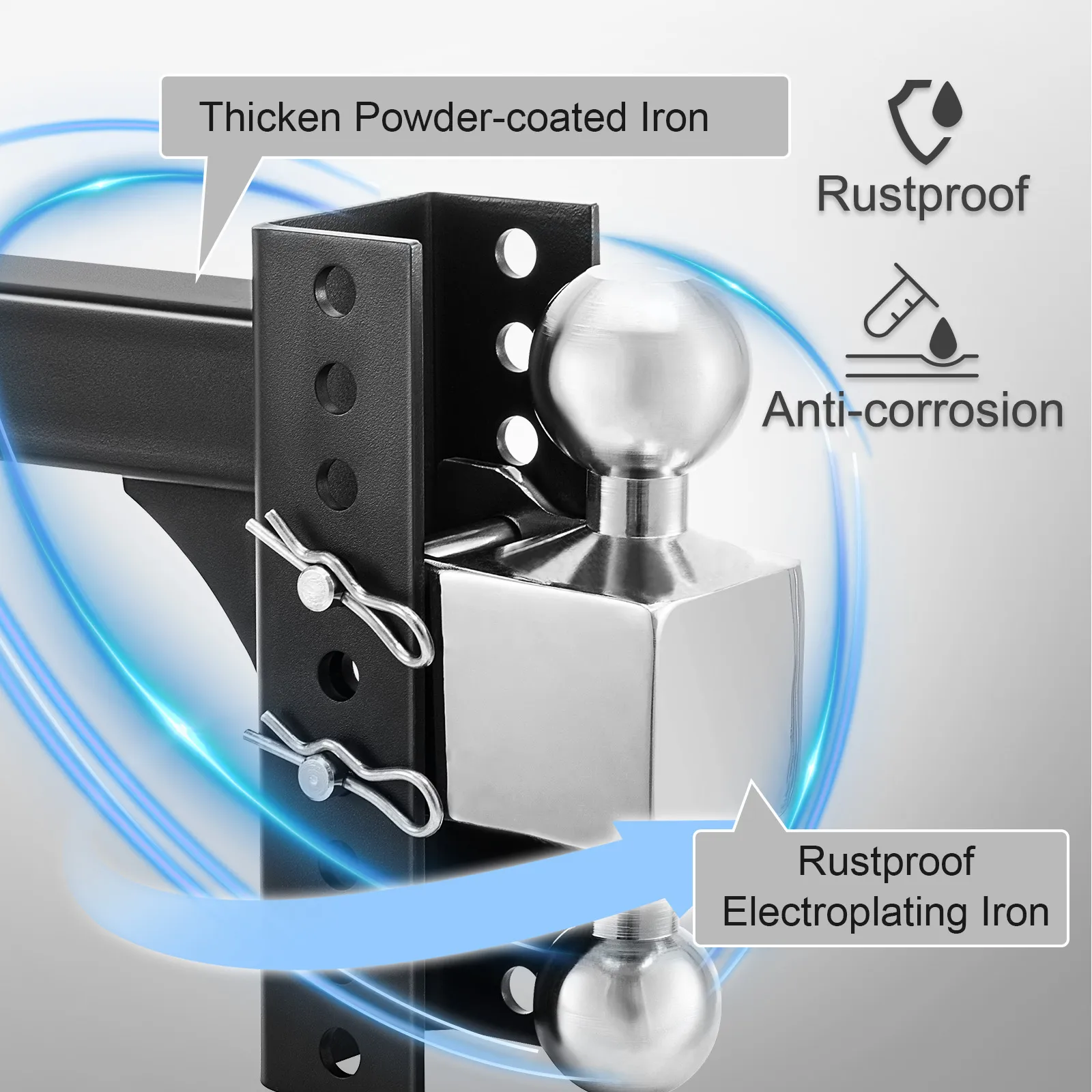 VEVOR adjustable trailer hitch with anti-corrosion features, thick powder-coated iron, and rustproof design.