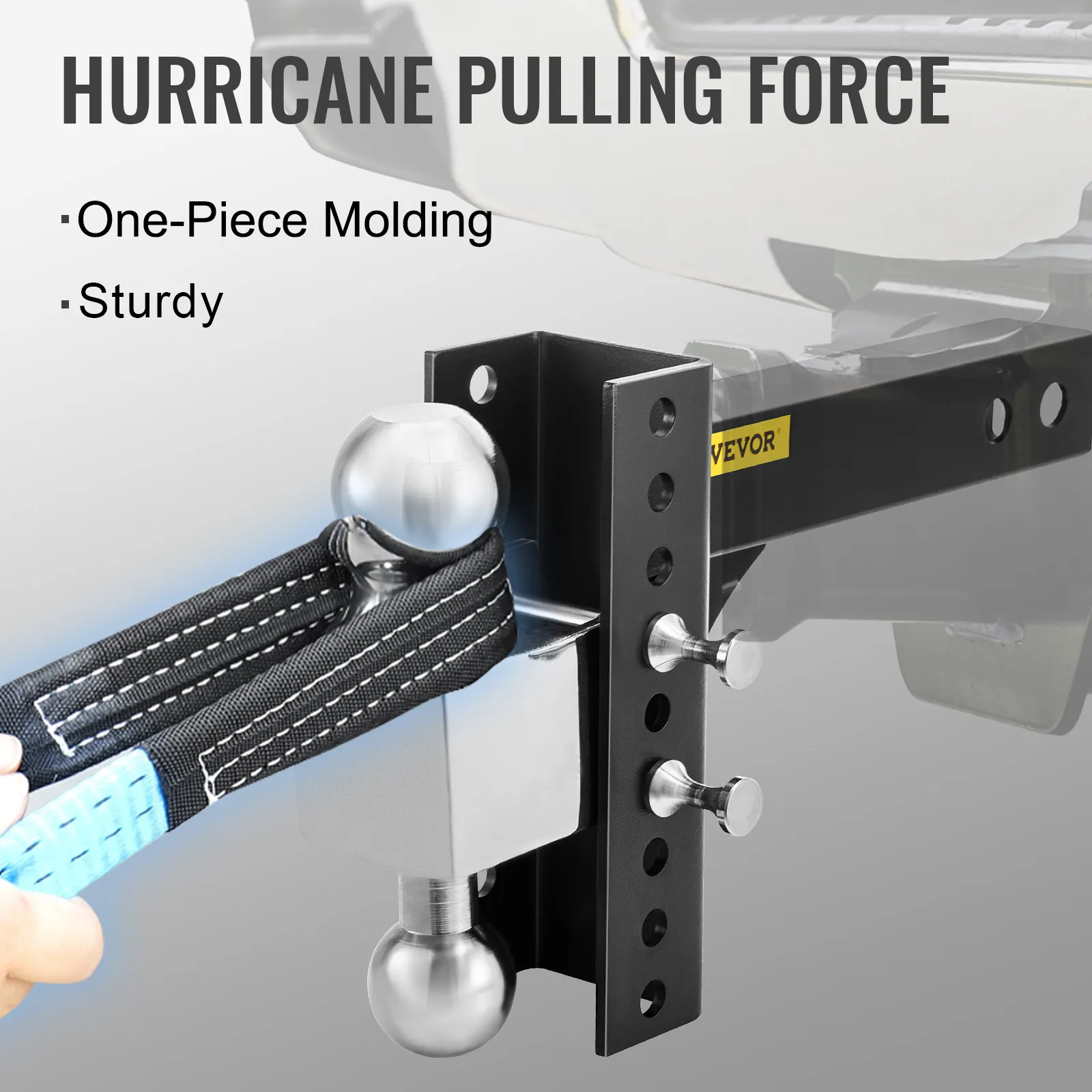 VEVOR adjustable trailer hitch with hurricane pulling force, one-piece molding, and sturdy design.