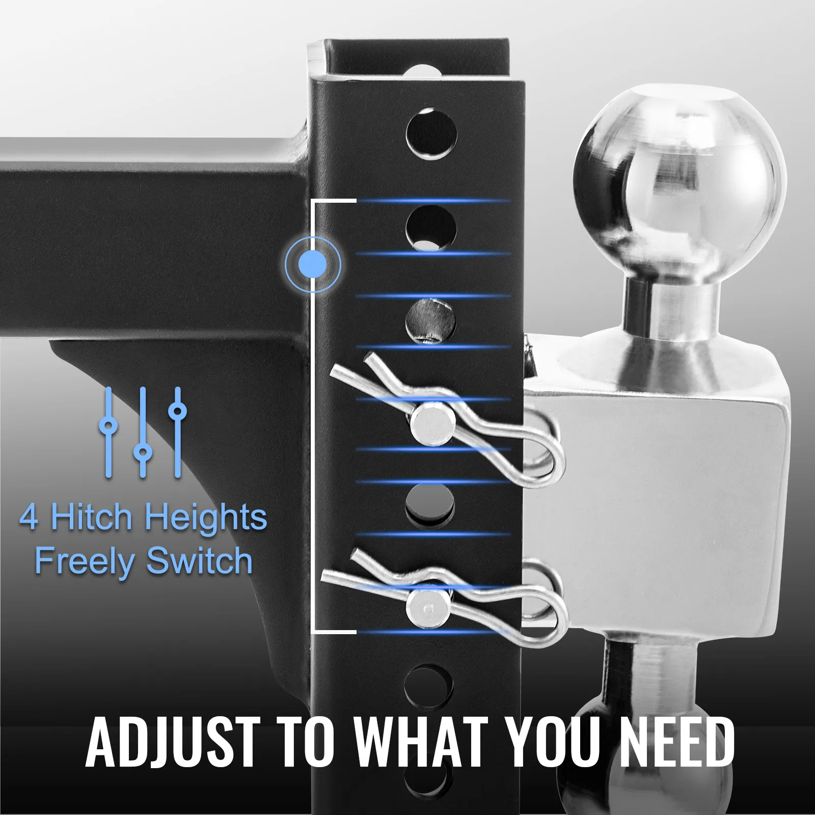 VEVOR adjustable trailer hitch with multiple hitch heights and secure pins for versatile towing needs.