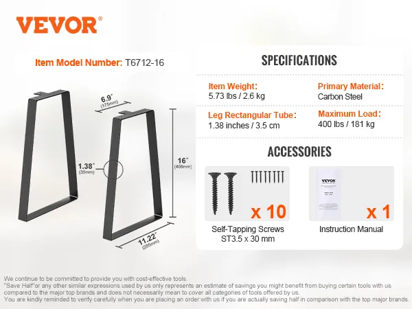 VEVOR table legs, 16 inches tall, carbon steel, with accessories: screws and instruction manual.
