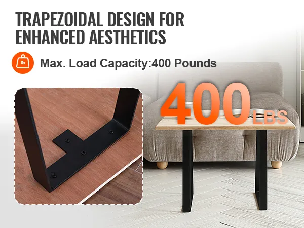trapezoidal VEVOR table legs in black, supporting a wooden table, max load capacity 400 lbs.