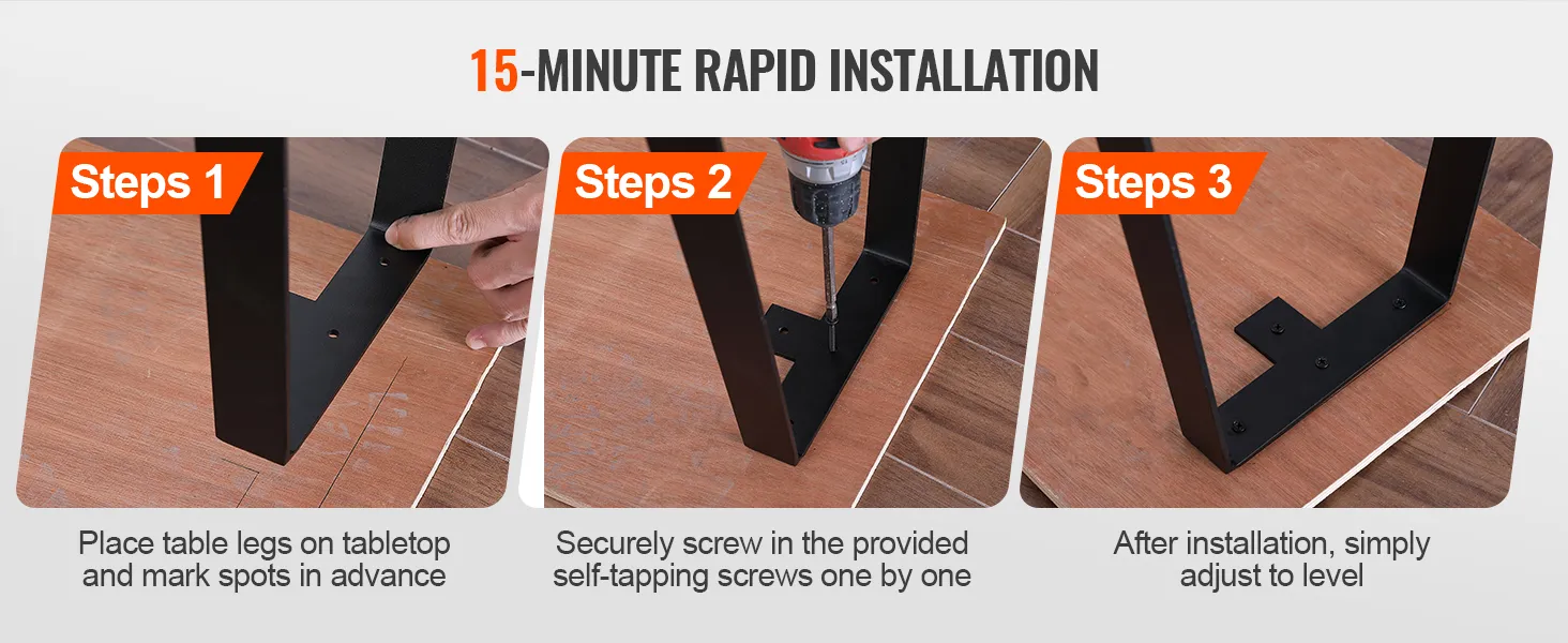 15-minute rapid installation guide showing steps to attach VEVOR table legs to a wooden tabletop.