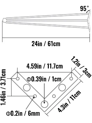 Dimensioni e specifiche delle gambe del tavolo a forcina VEVOR con misure dettagliate.