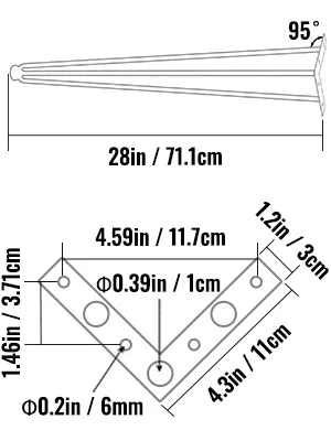 dimensions of VEVOR hairpin table legs, 28in height with detailed triangular base measurements.