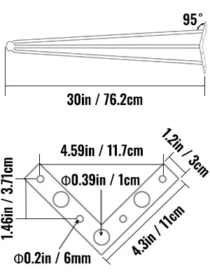 VEVOR hairpin table legs dimensions: 30in height, 95° bend, and mounting plate measurements.