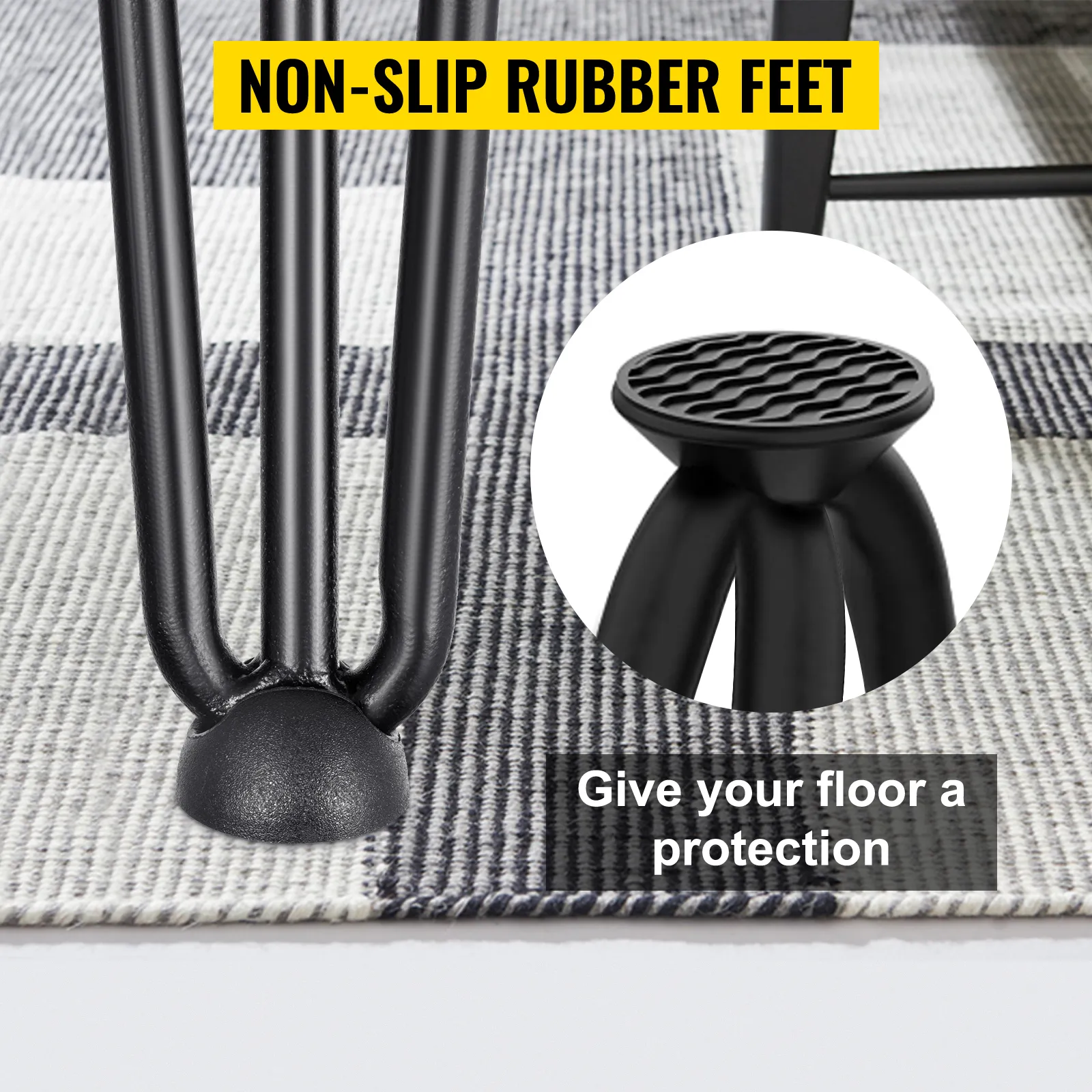 VEVOR hairpin table legs with non-slip rubber feet on a patterned rug.