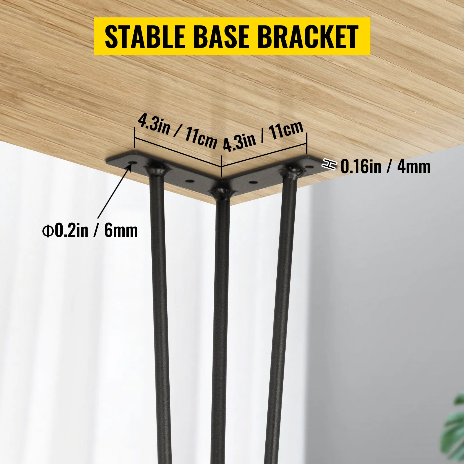 VEVOR hairpin table legs with stable base bracket, measurements displayed characters.