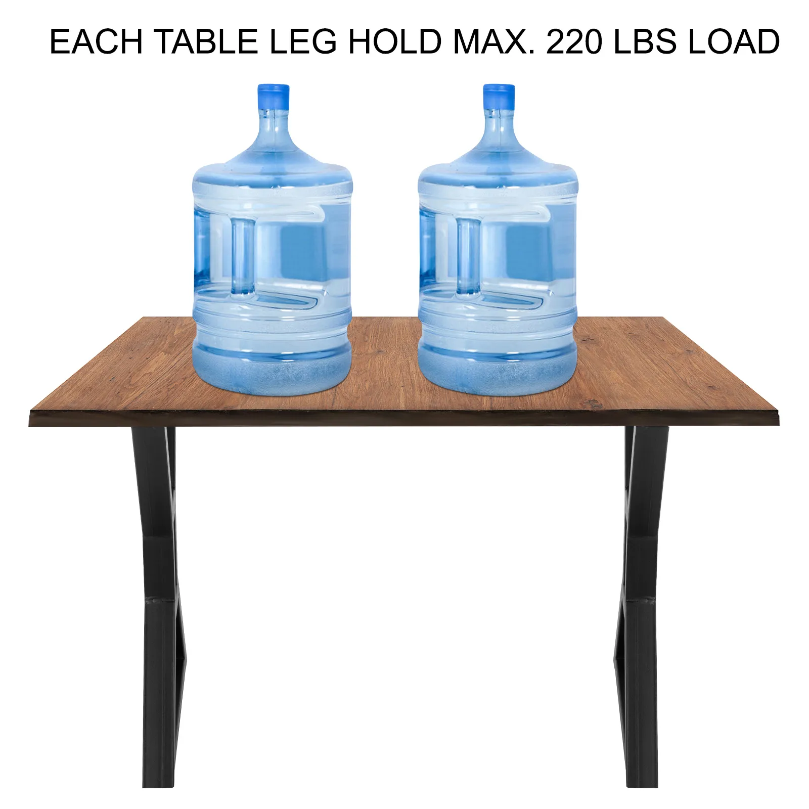 VEVOR dining table legs holding two large water jugs on a wooden table.