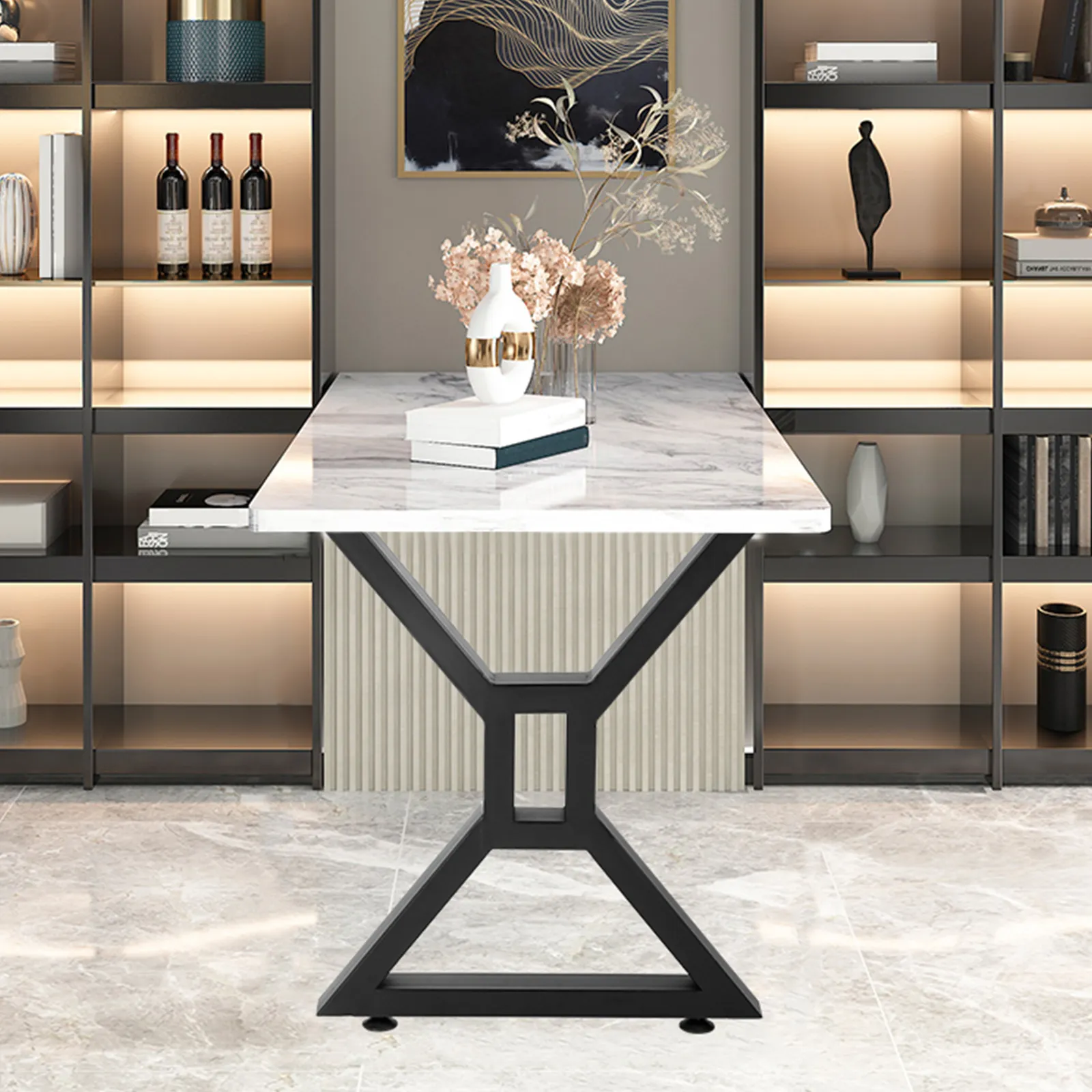marble top table with sleek VEVOR dining table legs, surrounded by modern shelving.