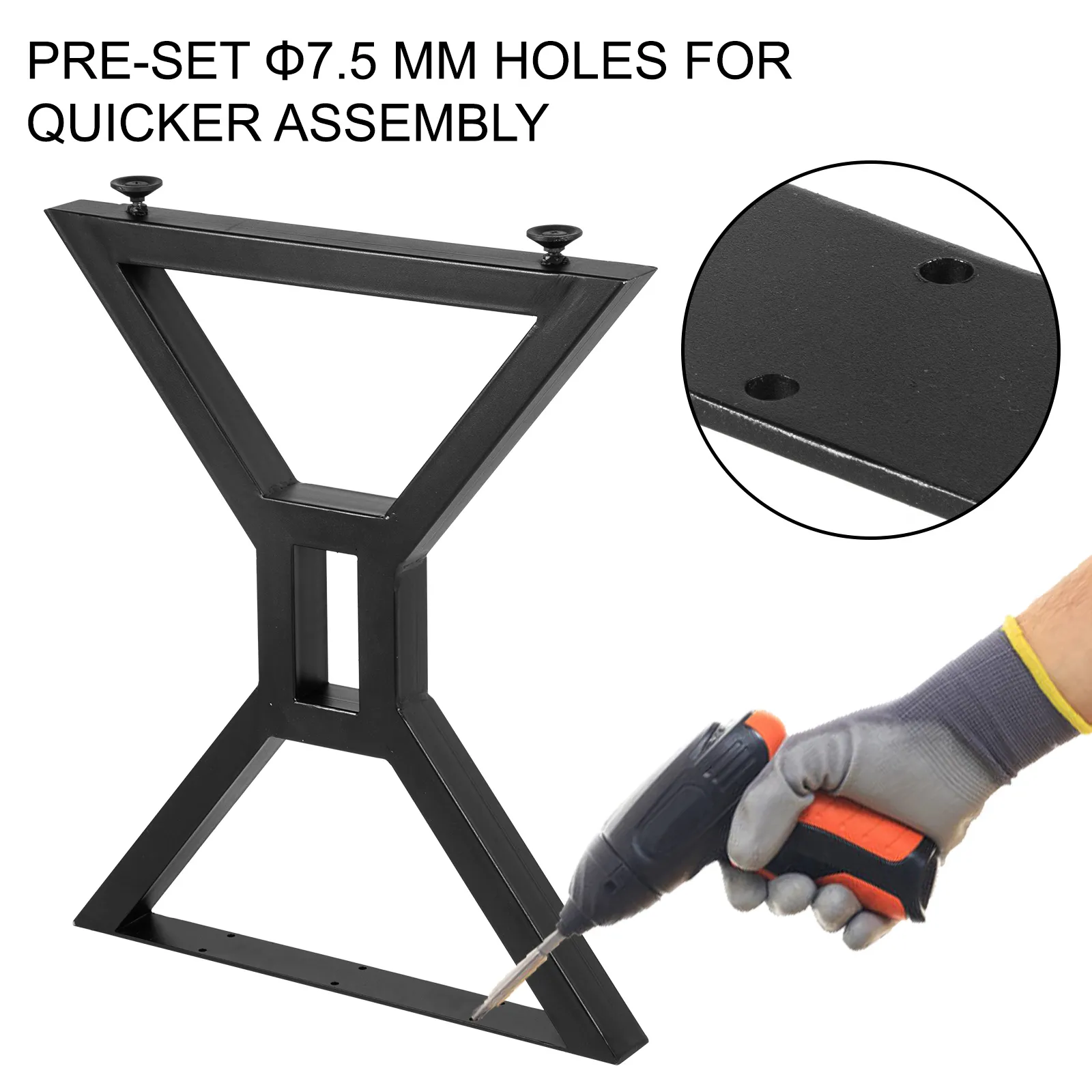 VEVOR dining table legs with pre-set 7.5mm holes for quick assembly, hand using drill.
