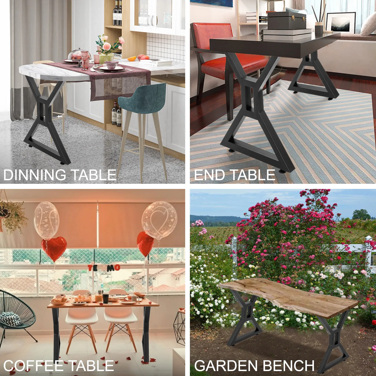 VEVOR dining table legs showcased in dining, end table, coffee table, and garden bench setups.