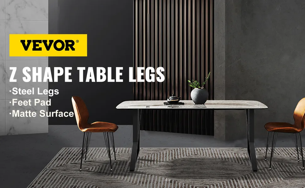VEVOR metal table legs in modern dining room with marble table and brown chairs.