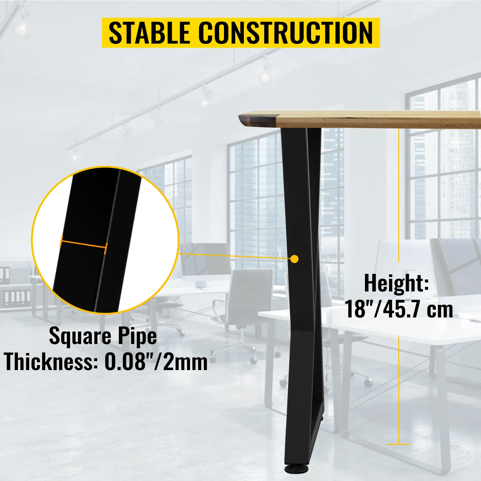 VEVOR metal table legs, 18"/45.7 cm height, 0.08"/2mm thickness, square pipe.