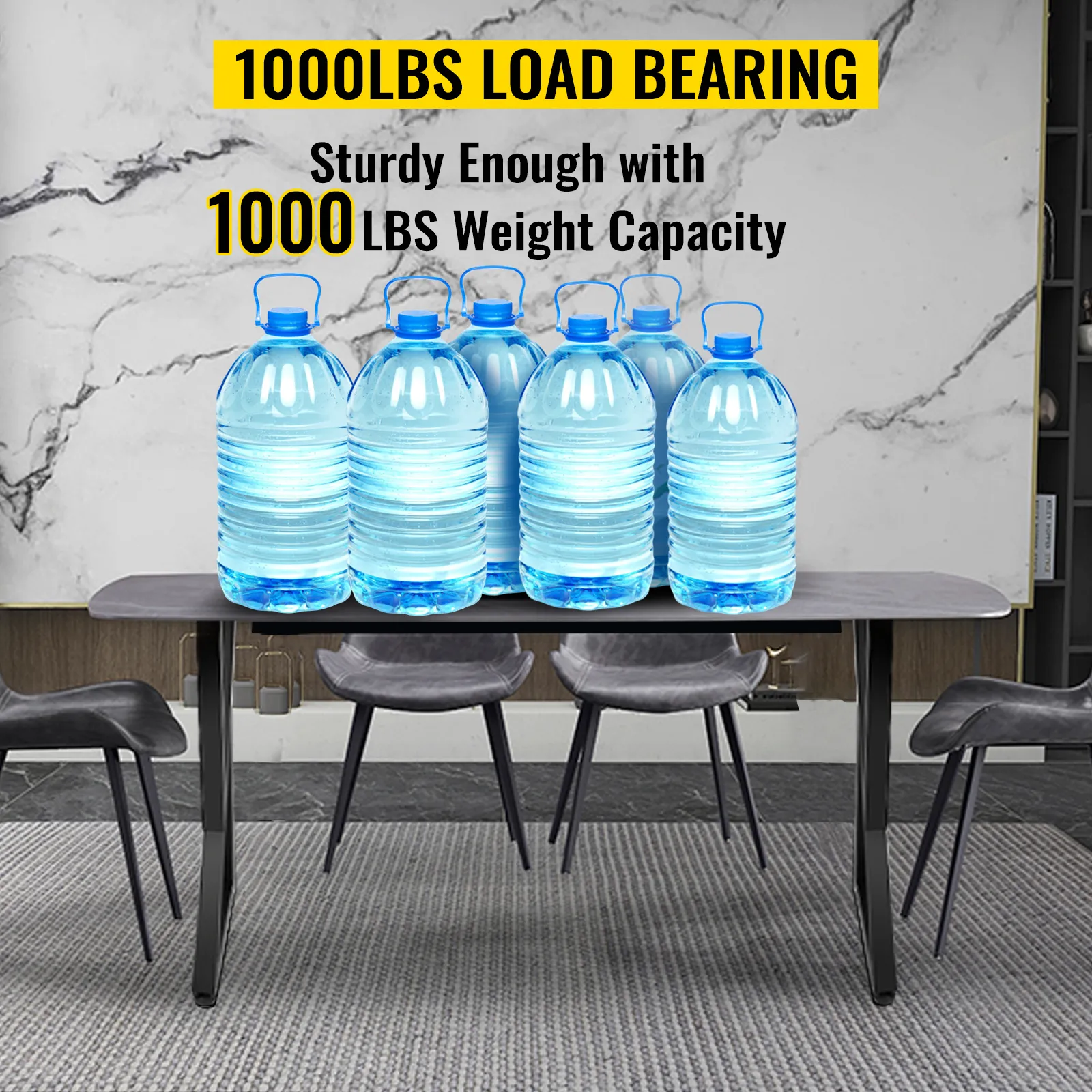 VEVOR metal table legs with 1000 lbs load bearing showcased by water bottles on table.