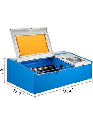 blue VEVOR laser engraver with dimensions labeled and an open top lid.