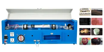 VEVOR laser engraver with blue casing showcasing various engraved items.