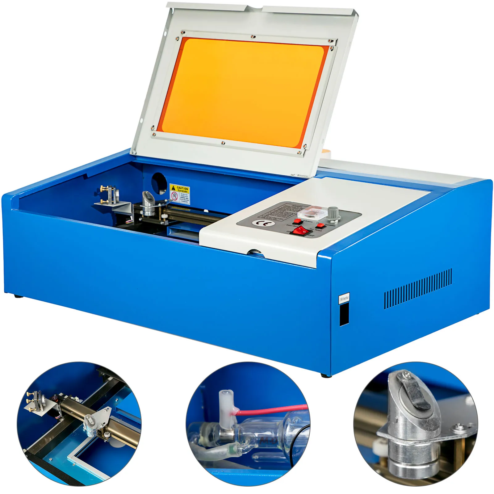 open blue VEVOR laser engraver with close-up views of components.