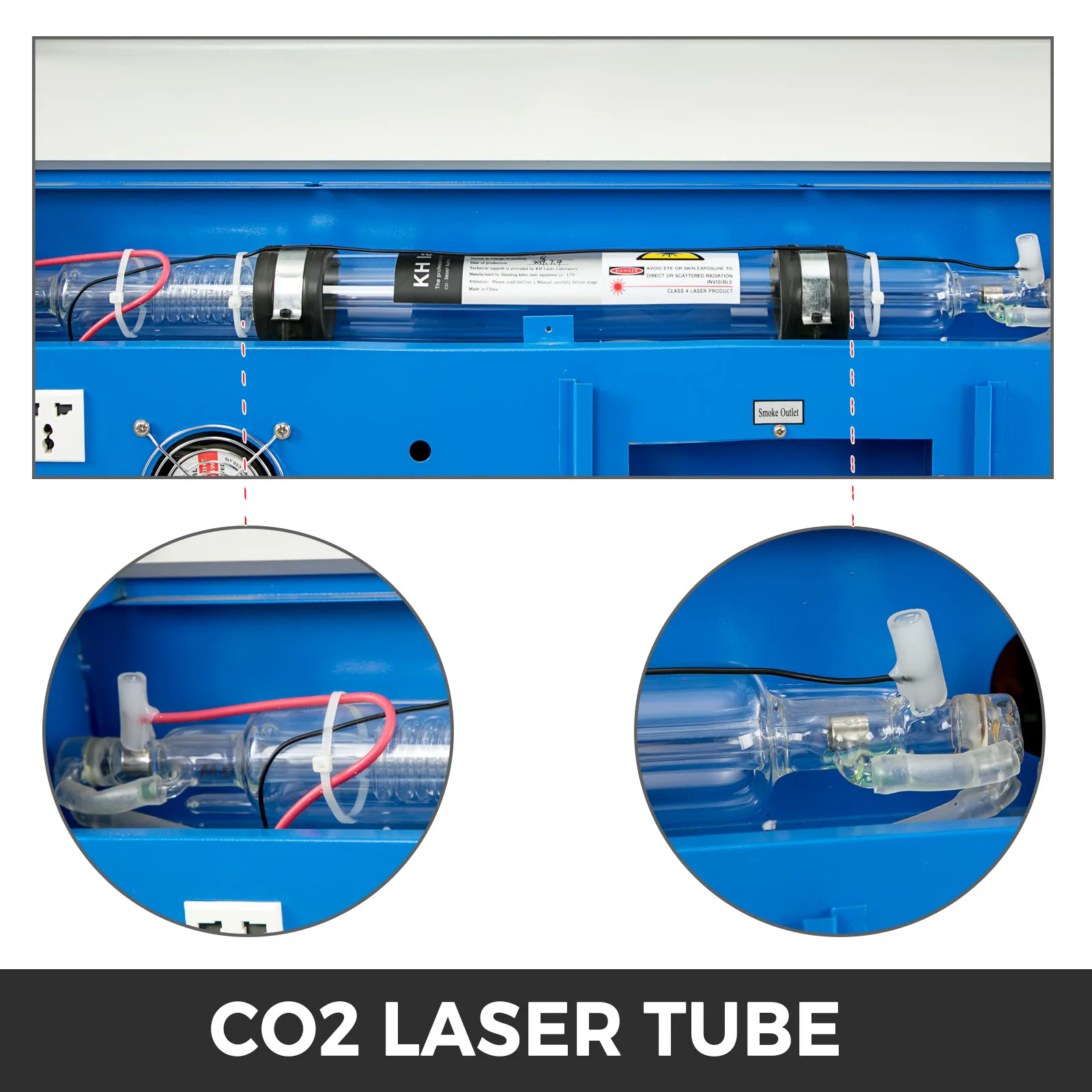 close-up view of the co2 laser tube in VEVOR laser engraver.