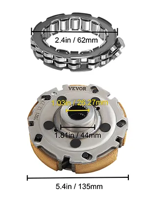VEVOR wet clutch kit assembly dimensions: 62mm, 26.27mm, 44mm, 135mm.