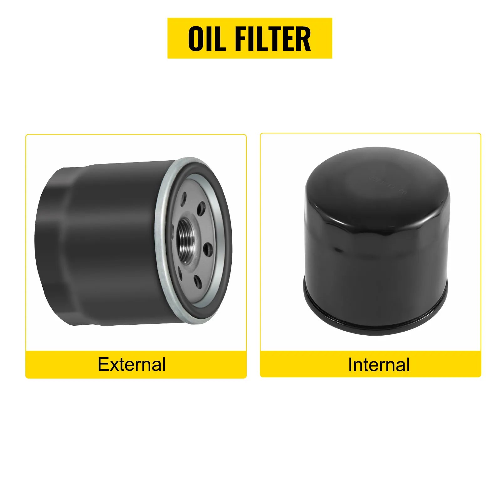 oil filter external and internal views, shown in black with yellow labels.