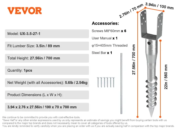 VEVOR no dig ground anchor with screws, threaded steel bar, user manual. model: ux-3.5-27-1.