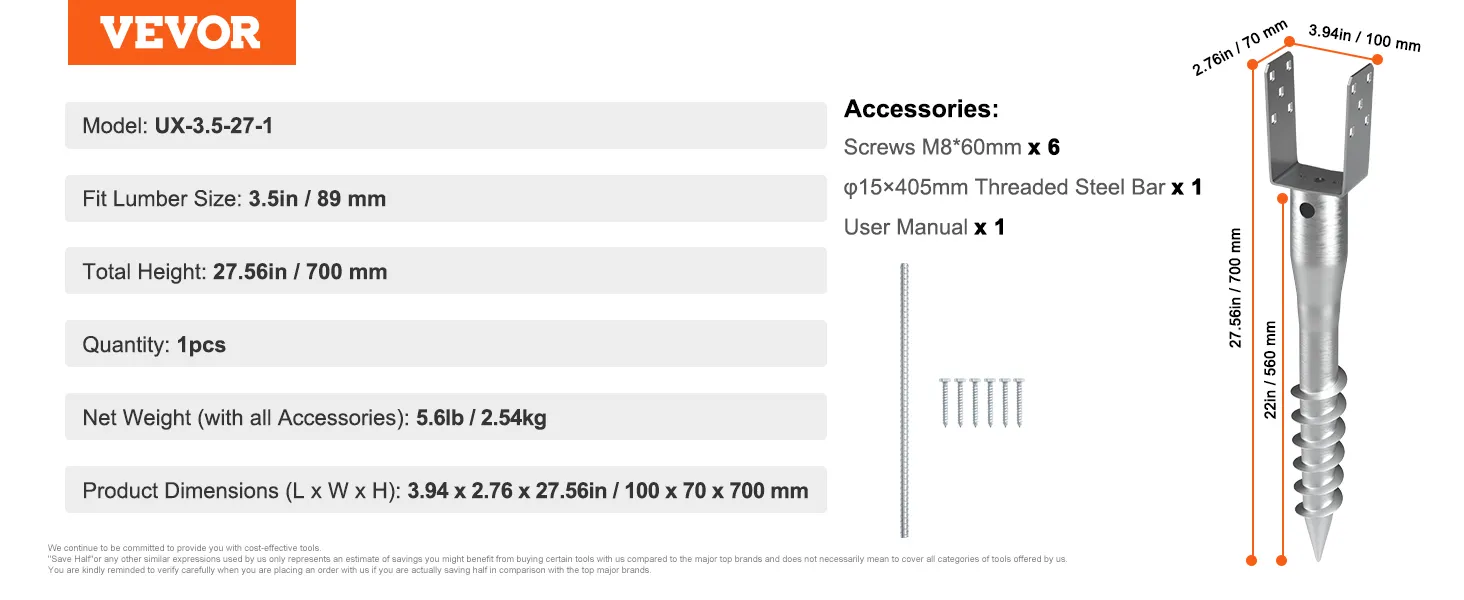 VEVOR no dig ground anchor with screws, threaded steel bar, user manual. model: ux-3.5-27-1.