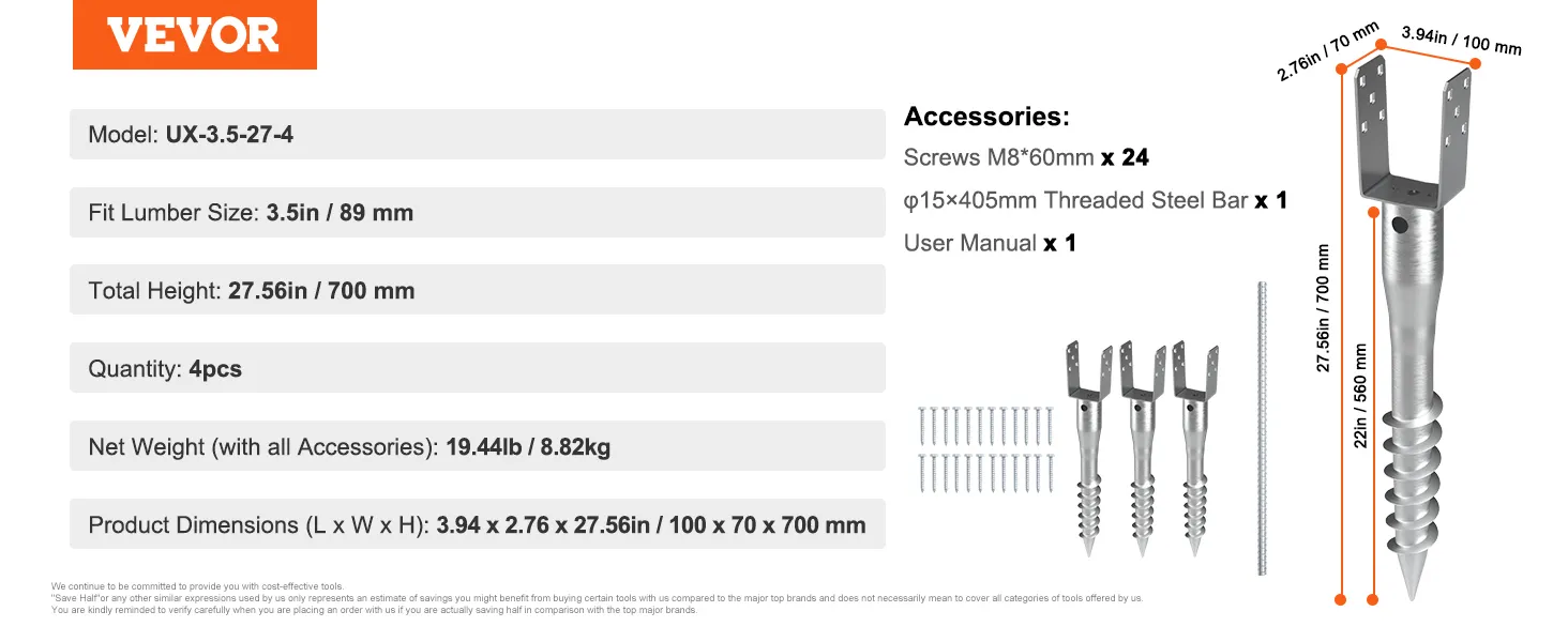 VEVOR no dig ground anchor, model ux-3.5-27-4, 3.5in lumber fit, 4pcs, 27.56in height, 19.44lb weight.