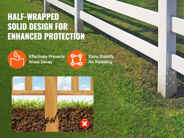 white fence posts with VEVOR no dig ground anchor and text highlighting protection benefits.