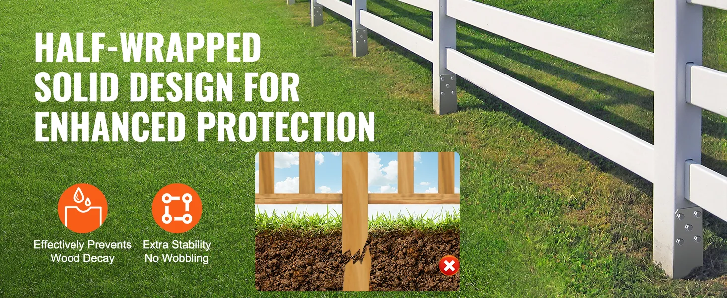 white fence posts with VEVOR no dig ground anchor and text highlighting protection benefits.