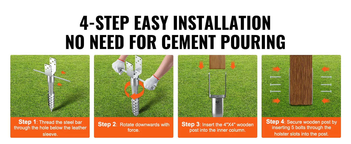 4-step installation guide for VEVOR no dig ground anchor on grass, no cement needed.